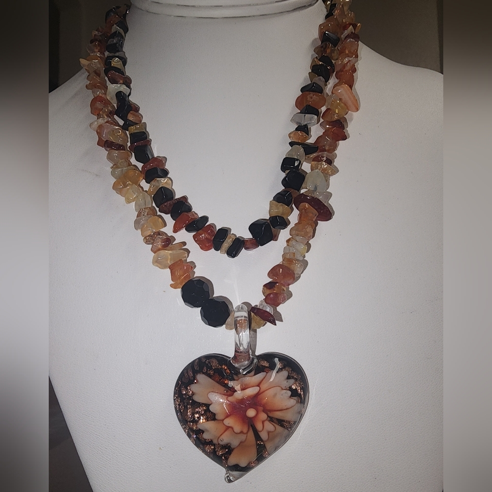 Vintage Artisan Floral Glass Heart Pendant and Stone Necklace